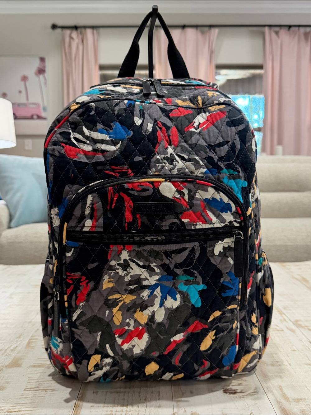 Vera Bradley Backpack Splash Floral Black Quilted with Red, Blue & Yellow